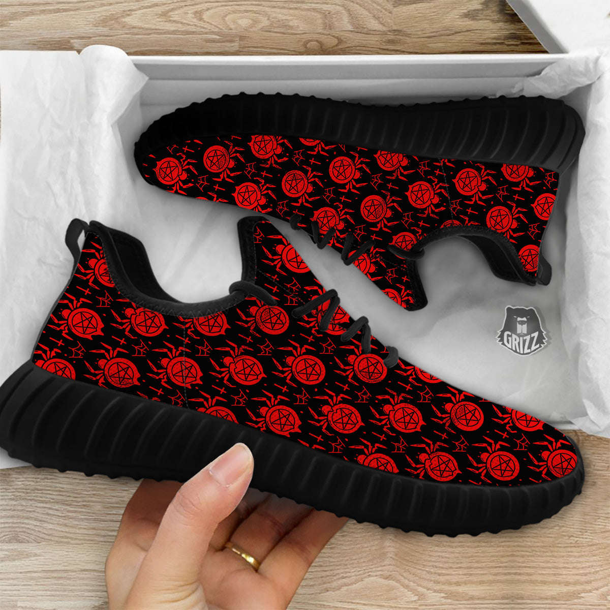 Black Red Spider Pentagram Print Pattern Black Walking Shoes-grizzshop