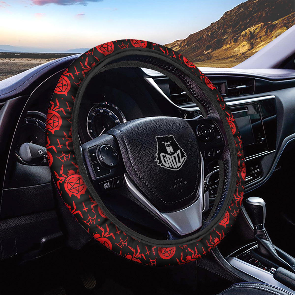 Black Red Spider Pentagram Print Pattern Car Steering Wheel Cover-grizzshop