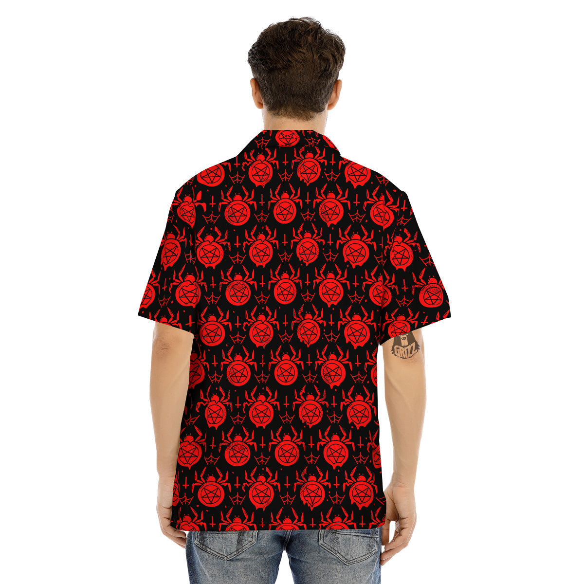 Black Red Spider Pentagram Print Pattern Men's Hawaiian Shirt-grizzshop