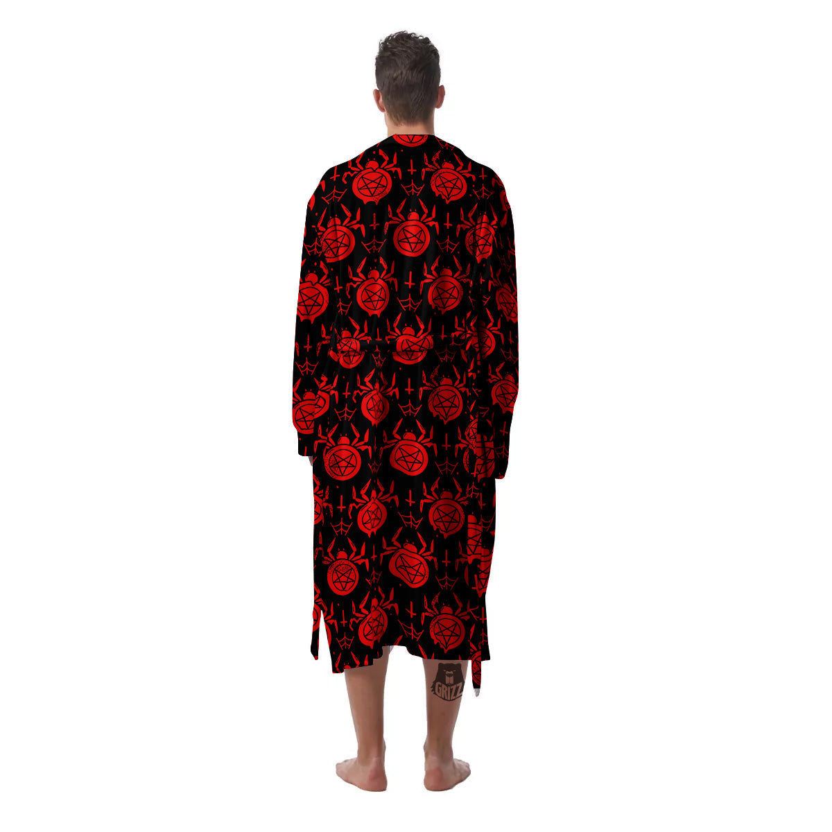 Black Red Spider Pentagram Print Pattern Men's Robe-grizzshop