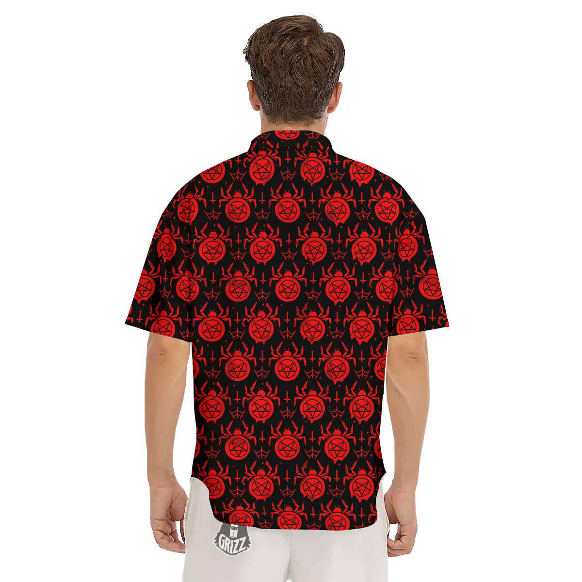 Black Red Spider Pentagram Print Pattern Men's Short Sleeve Shirts-grizzshop