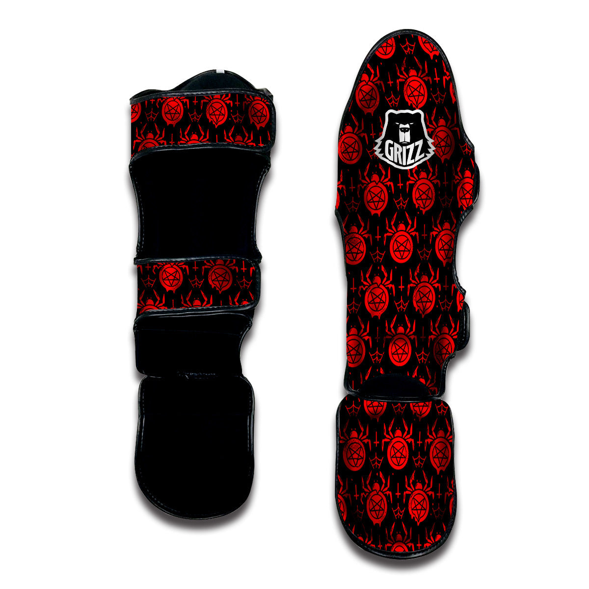 Black Red Spider Pentagram Print Pattern Muay Thai Shin Guards-grizzshop