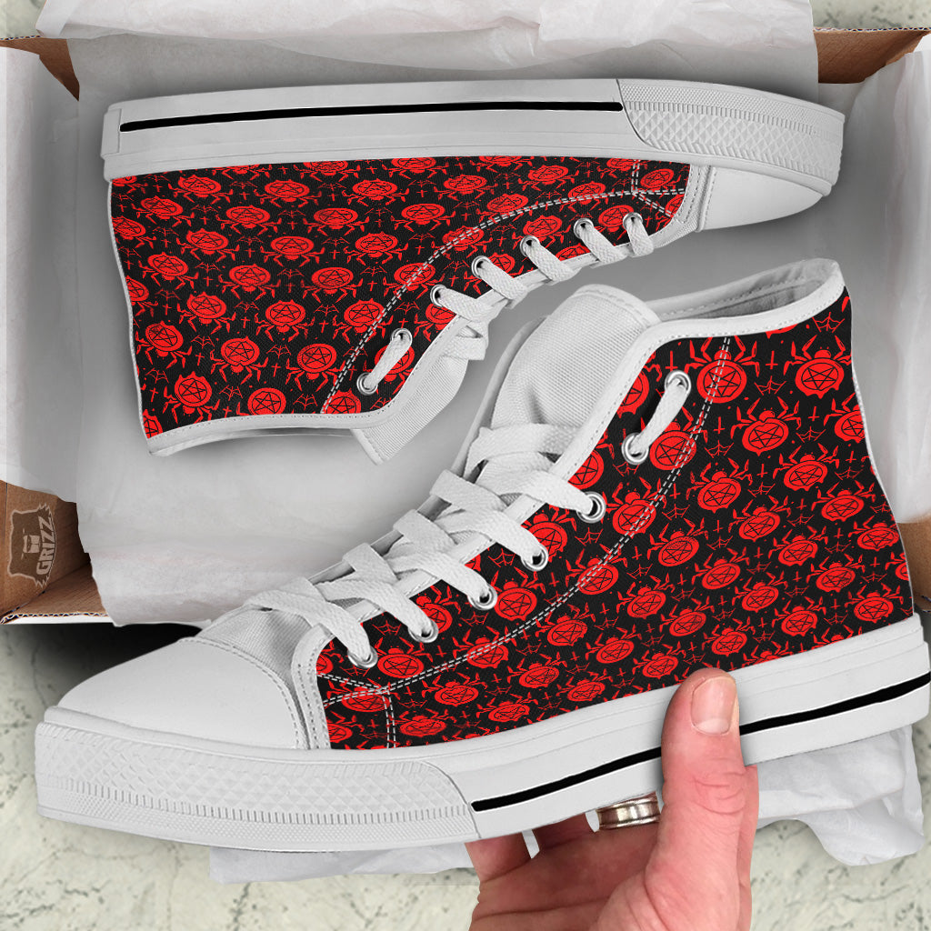 Black Red Spider Pentagram Print Pattern White High Top Shoes-grizzshop