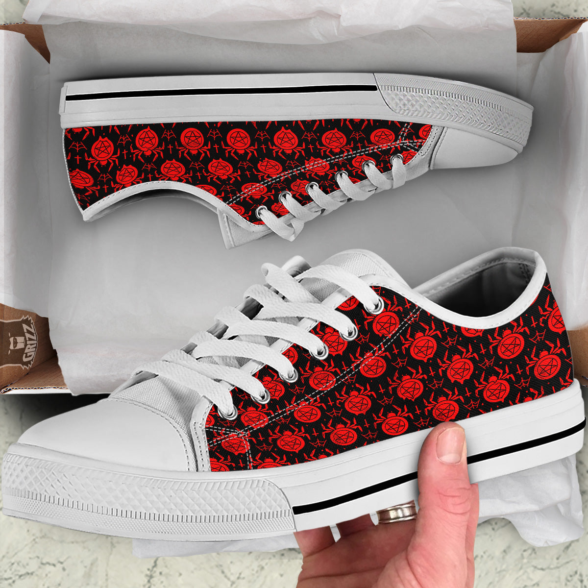 Black Red Spider Pentagram Print Pattern White Low Top Shoes-grizzshop