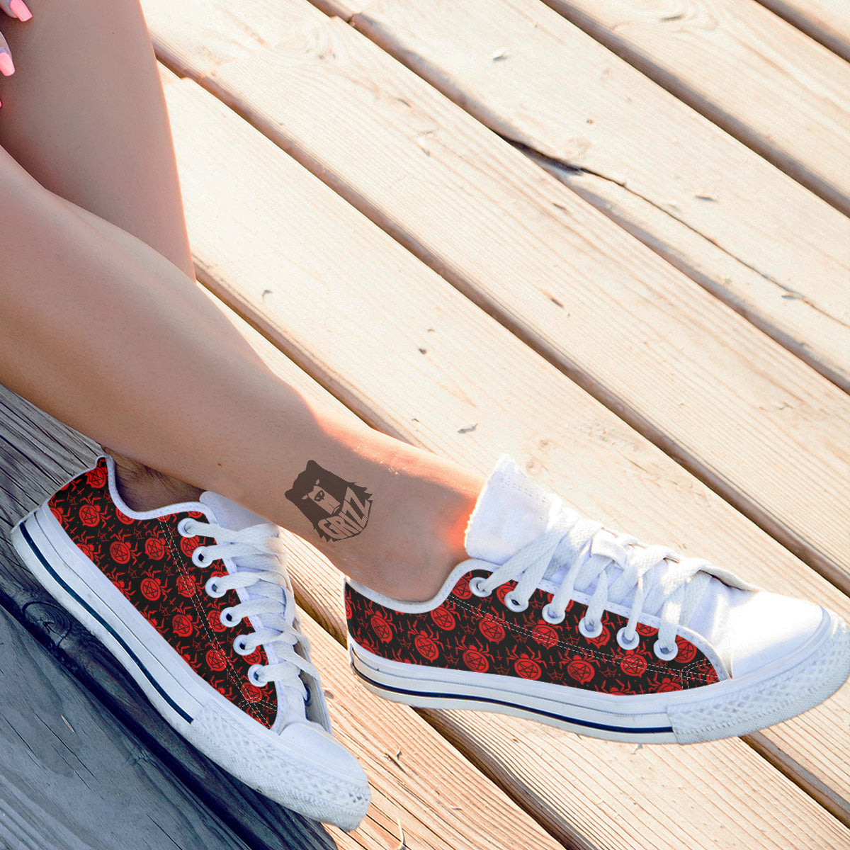 Black Red Spider Pentagram Print Pattern White Low Top Shoes-grizzshop
