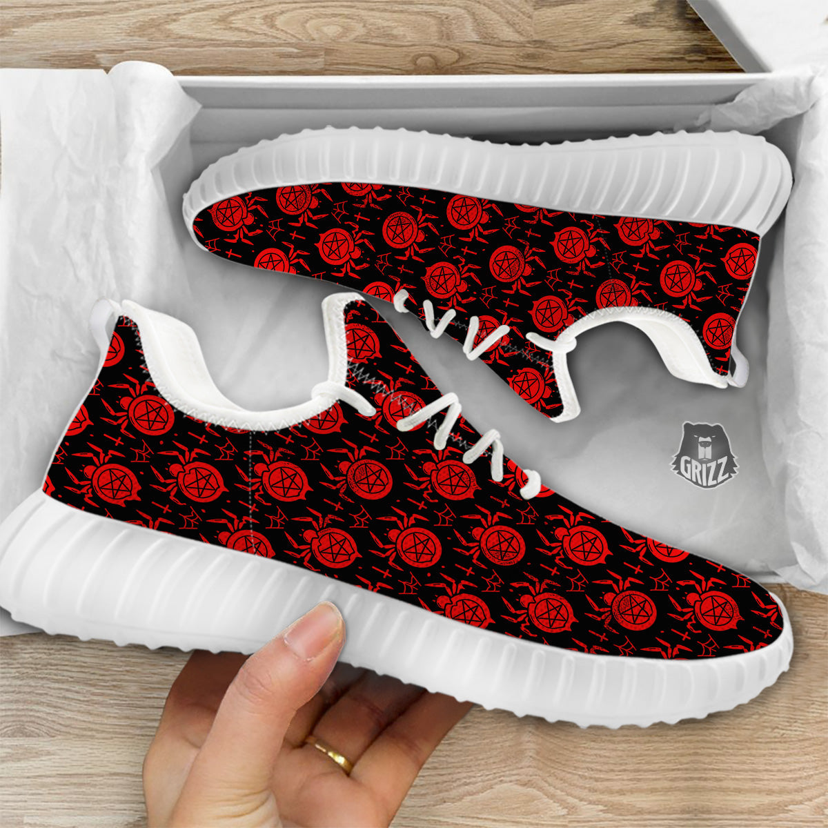Black Red Spider Pentagram Print Pattern White Walking Shoes-grizzshop