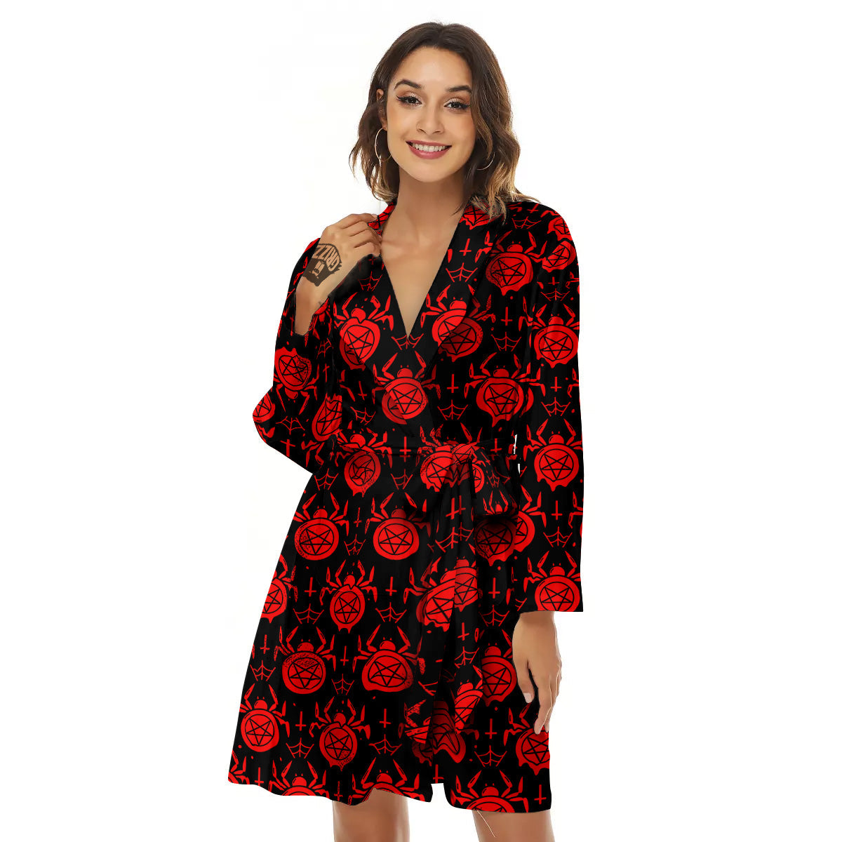Black Red Spider Pentagram Print Pattern Women's Robe-grizzshop