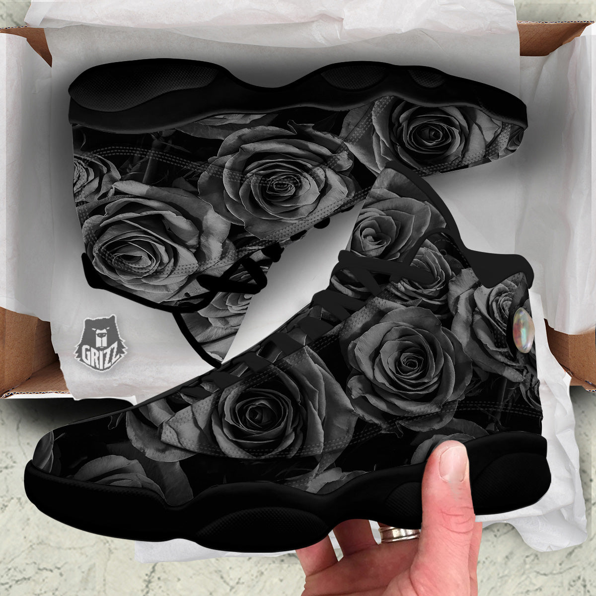 Black Rose Print Black Basketball Shoes-grizzshop
