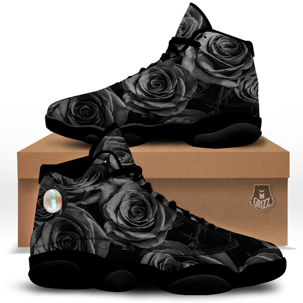 Black Rose Print Black Basketball Shoes-grizzshop