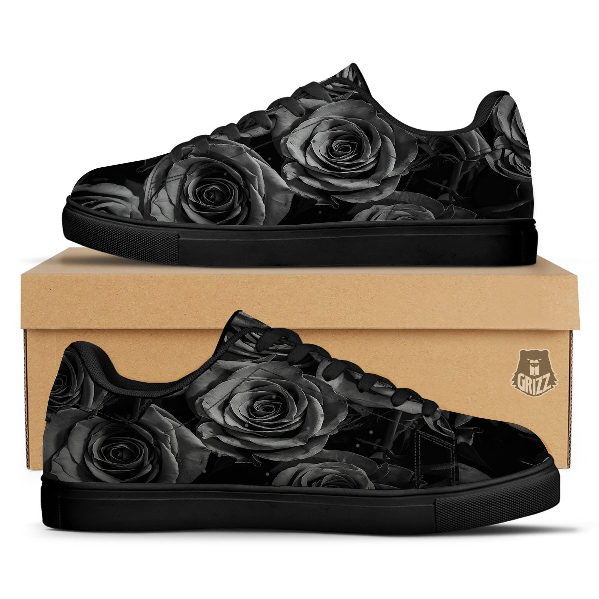 Black Rose Print Black Low Top Sneakers-grizzshop