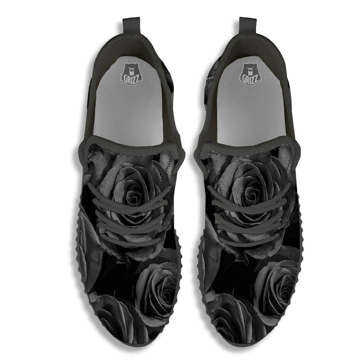 Black Rose Print Black Walking Shoes-grizzshop