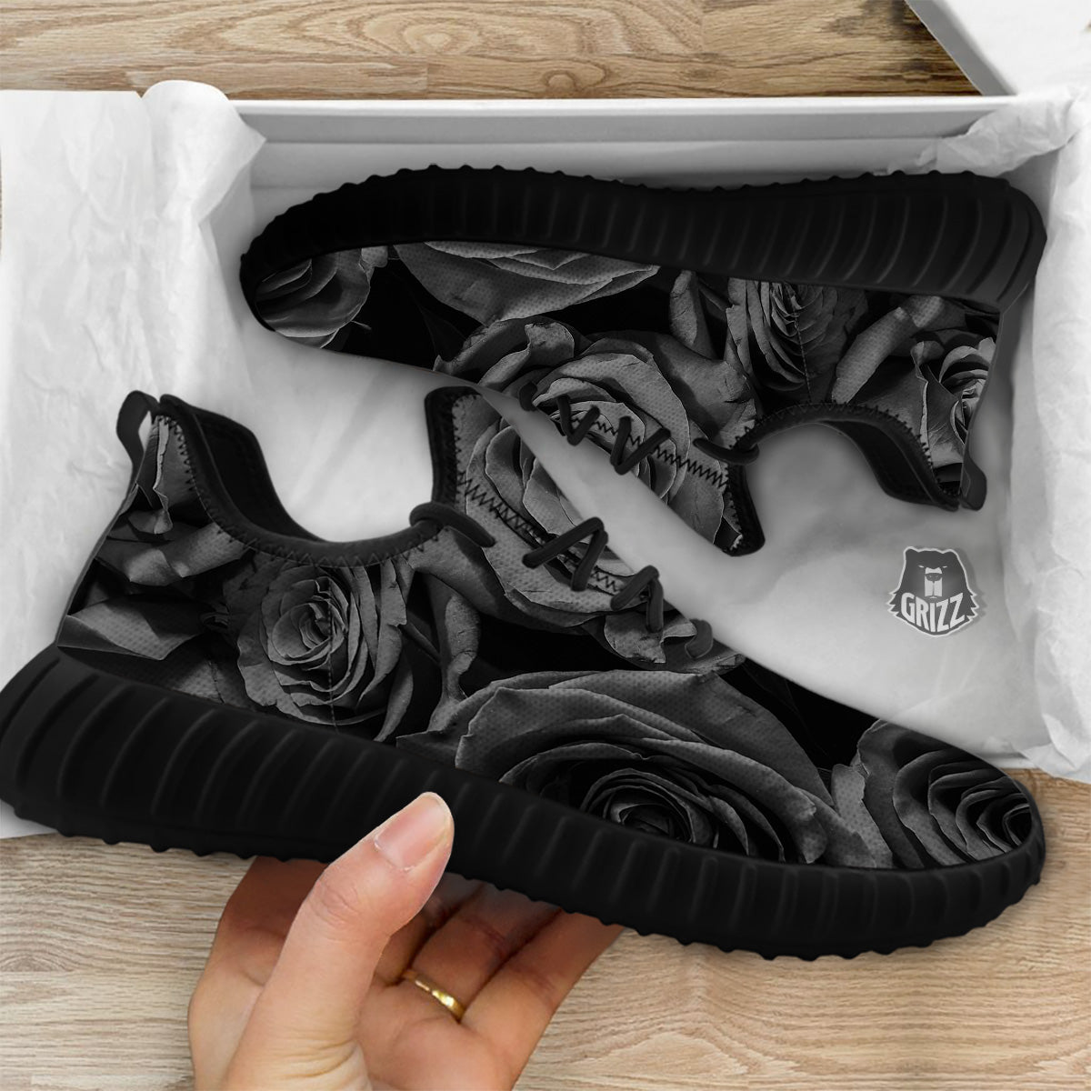 Black Rose Print Black Walking Shoes-grizzshop