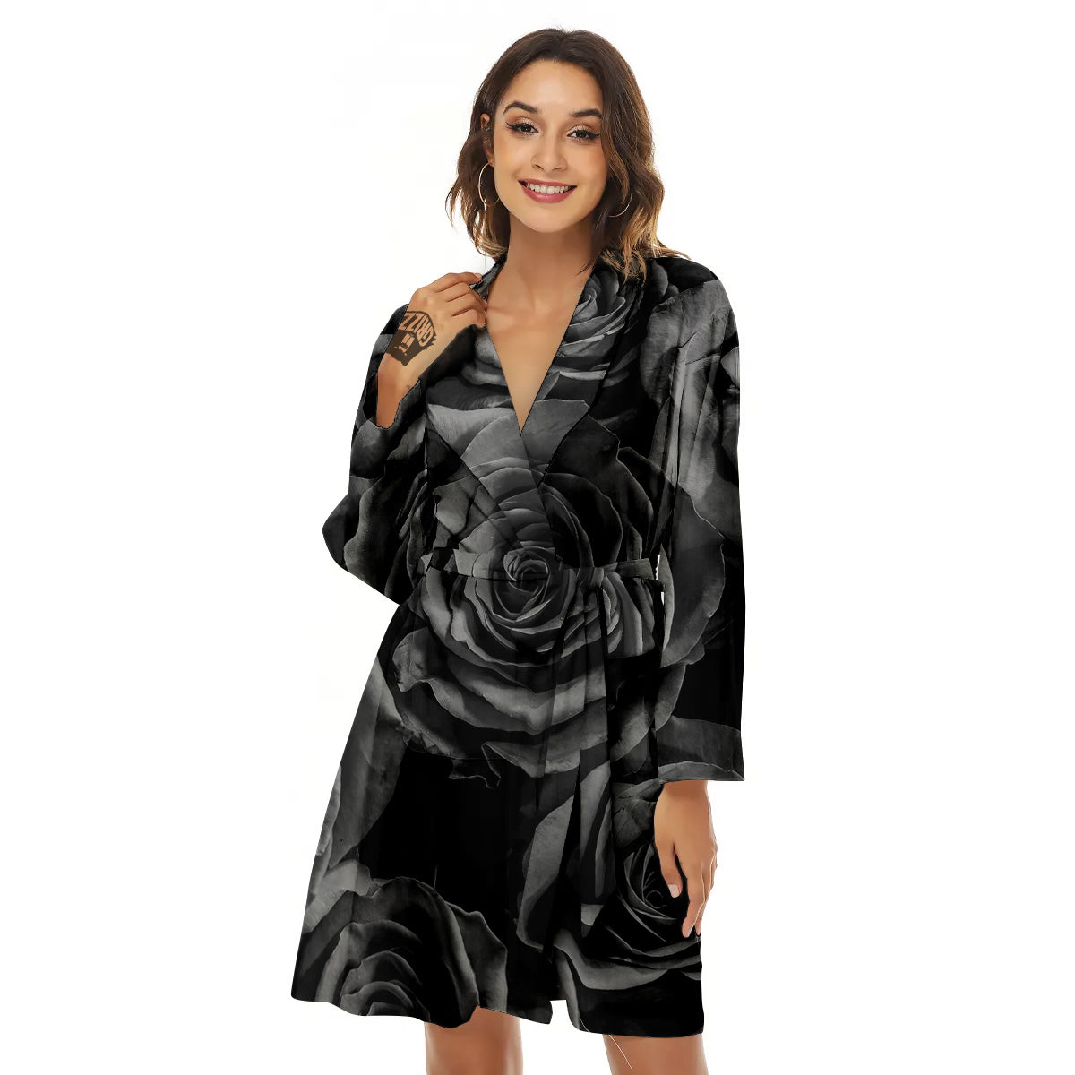 Black Rose Print Women's Robe-grizzshop