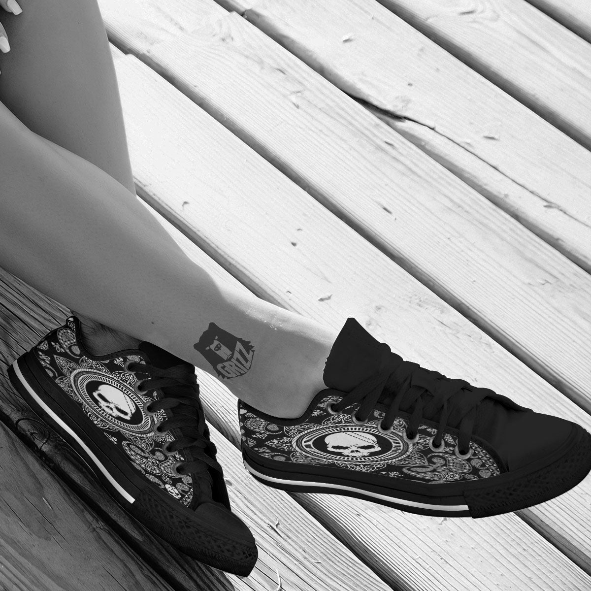 Black Skull Bandana Print Black Low Top Shoes-grizzshop