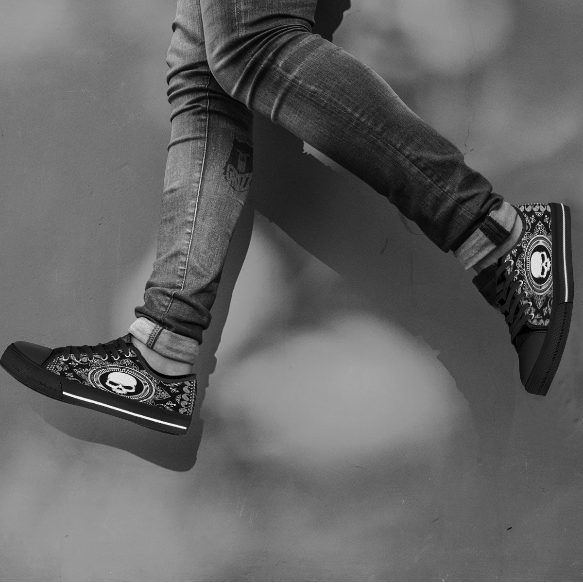 Black Skull Bandana Print Black Low Top Shoes-grizzshop