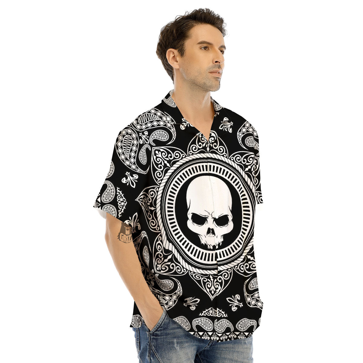 Black Skull Bandana Print Men's Hawaiian Shirt-grizzshop
