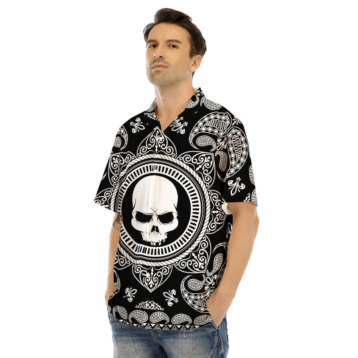 Black Skull Bandana Print Men's Hawaiian Shirt-grizzshop