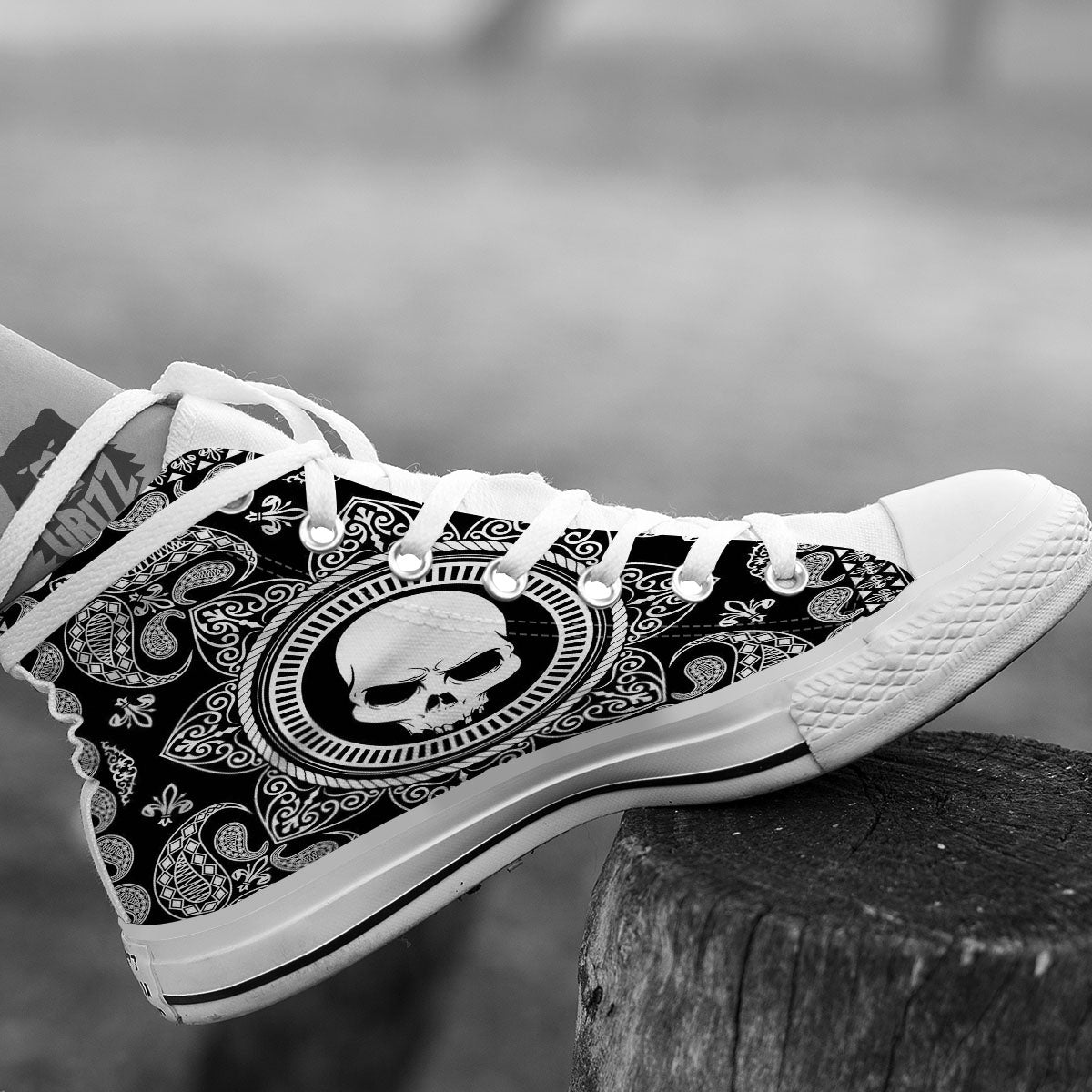 Black Skull Bandana Print White High Top Shoes-grizzshop