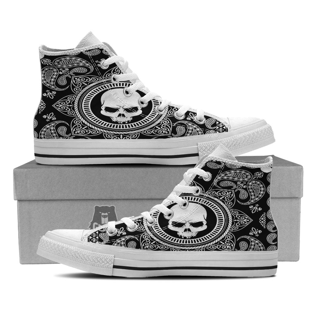 Black Skull Bandana Print White High Top Shoes-grizzshop