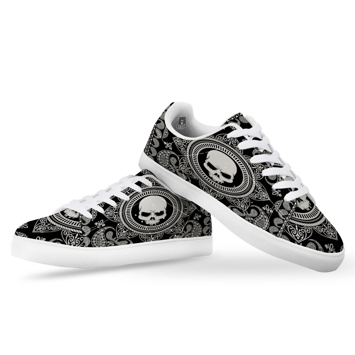 Black Skull Bandana Print White Low Top Sneakers-grizzshop