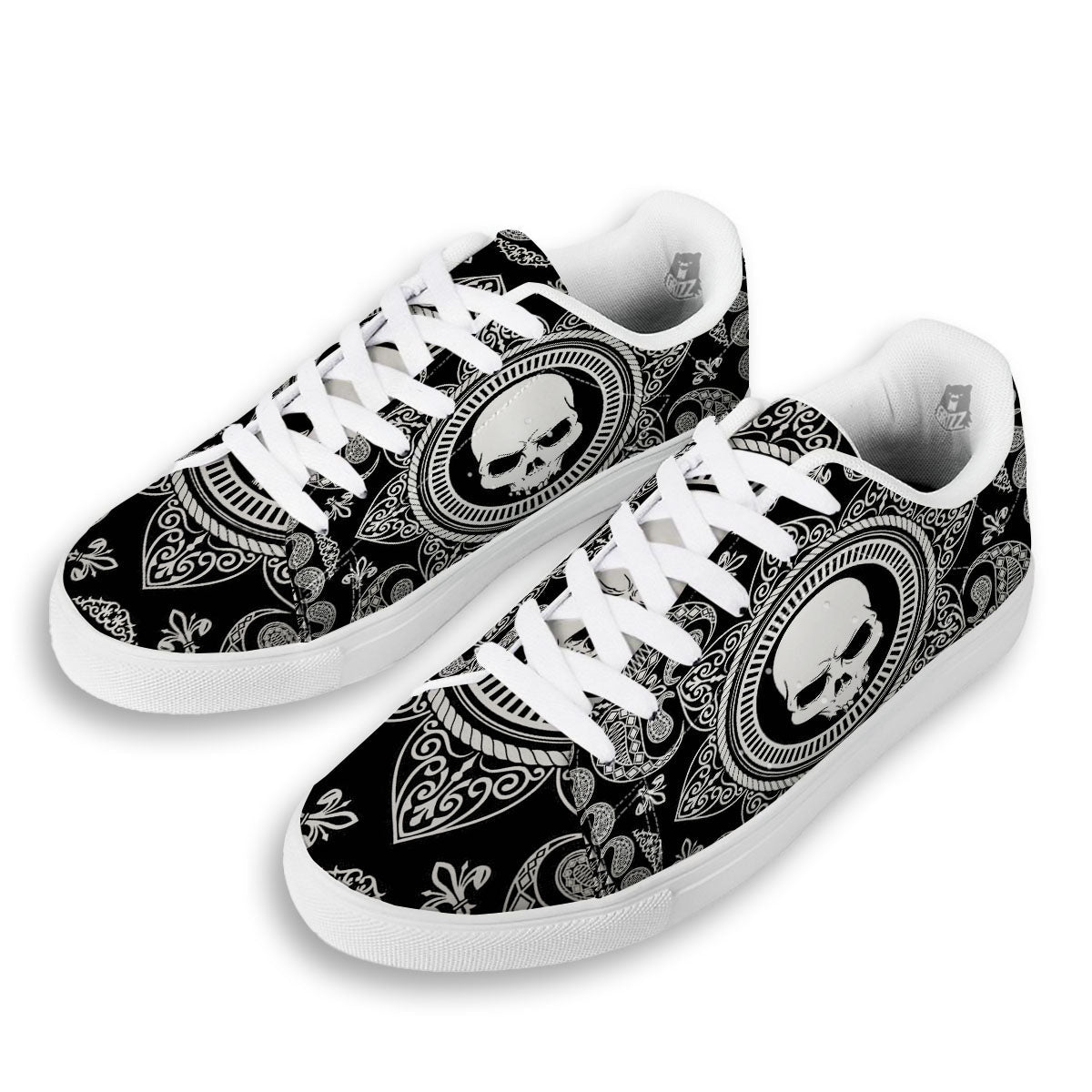 Black Skull Bandana Print White Low Top Sneakers-grizzshop
