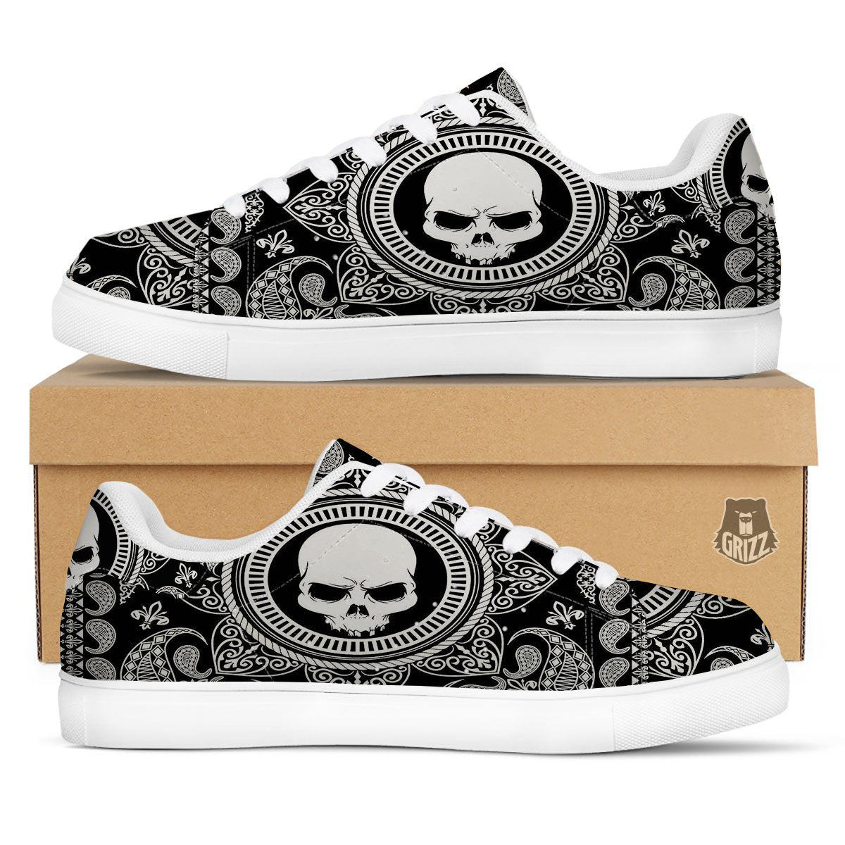 Black Skull Bandana Print White Low Top Sneakers-grizzshop