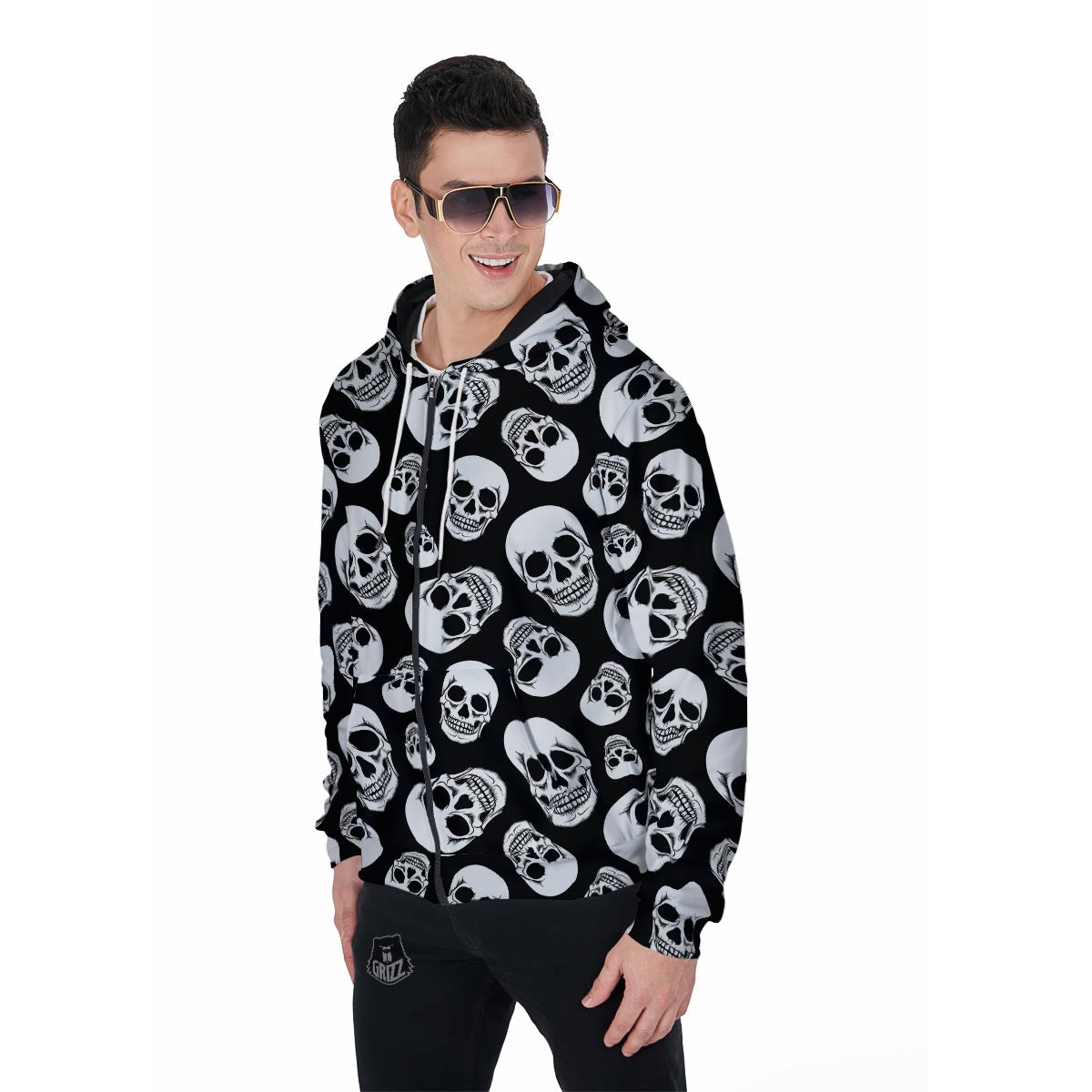 Black Skull Men's Zip Up Hoodie-grizzshop