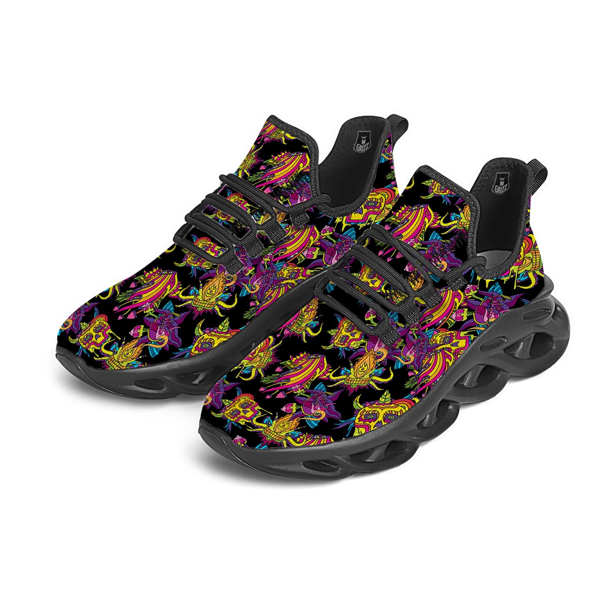 Black Skull Trippy Psychedelic Black Running Shoes-grizzshop