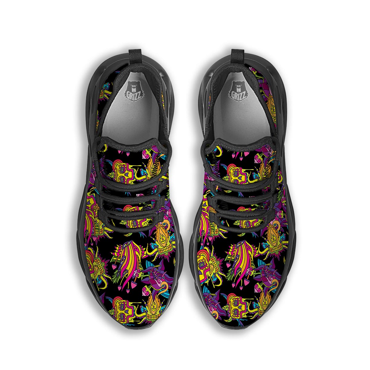 Black Skull Trippy Psychedelic Black Running Shoes-grizzshop