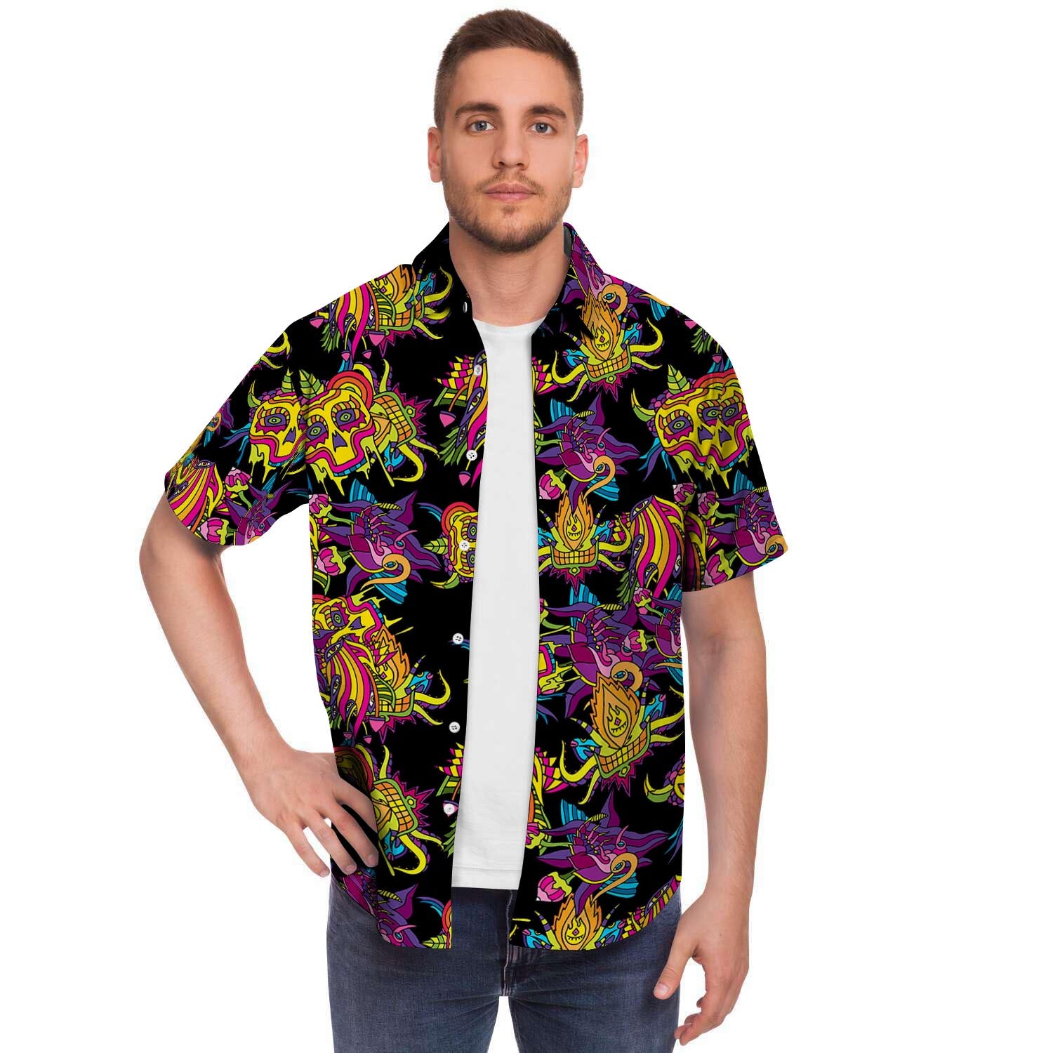 Black Skull Trippy Psychedelic Men's Short Sleeve Shirt-grizzshop