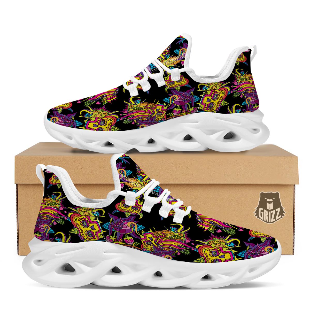 Black Skull Trippy Psychedelic White Running Shoes-grizzshop
