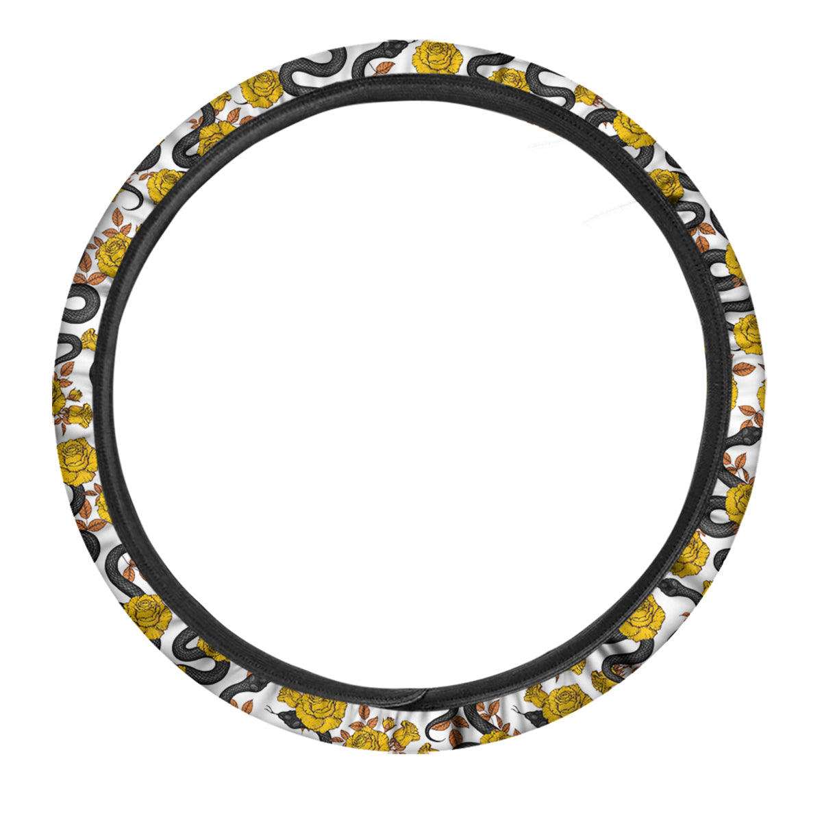 Black Snake And Gold Rose Print Pattern Car Steering Wheel Cover-grizzshop
