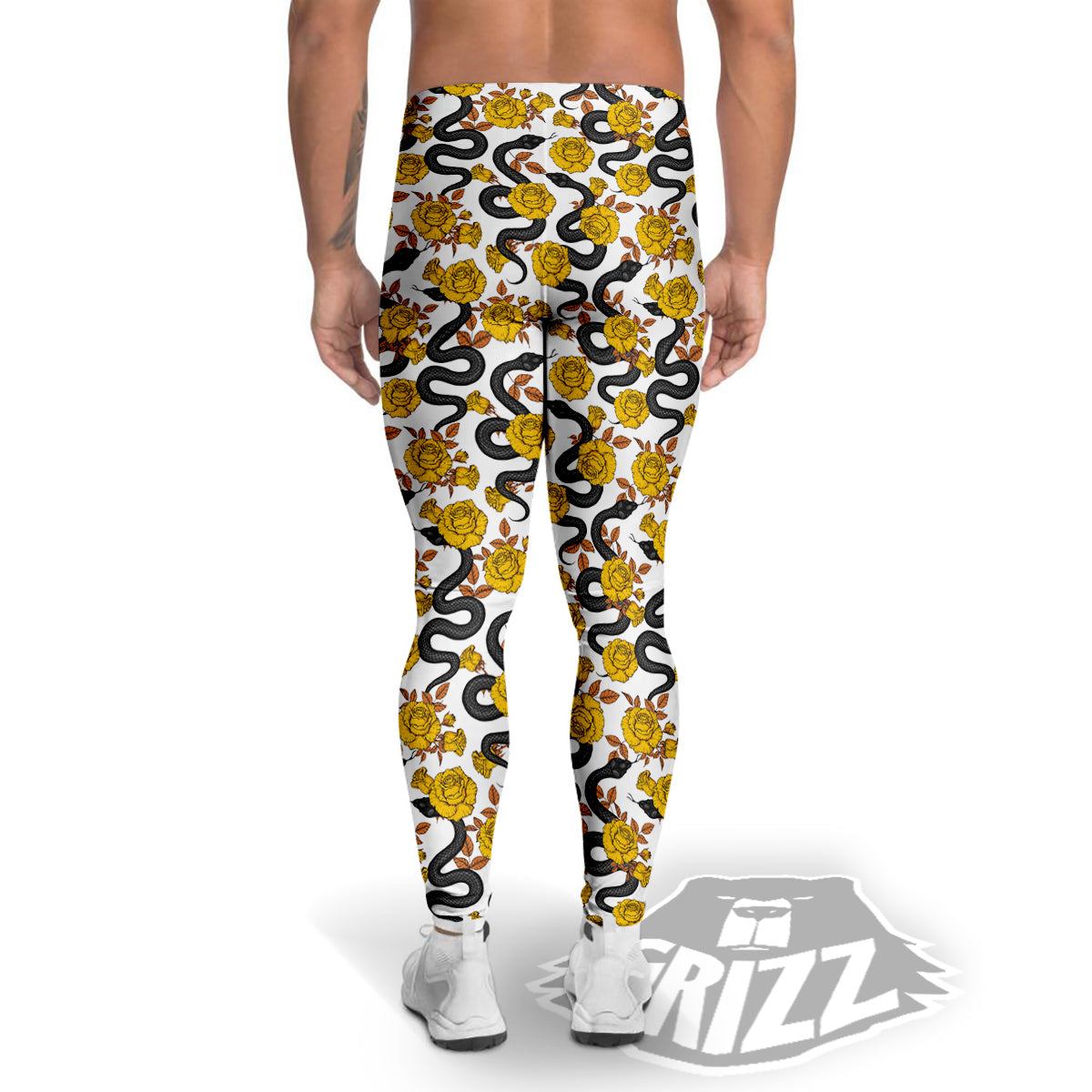 Black Snake And Gold Rose Print Pattern Men's Leggings-grizzshop