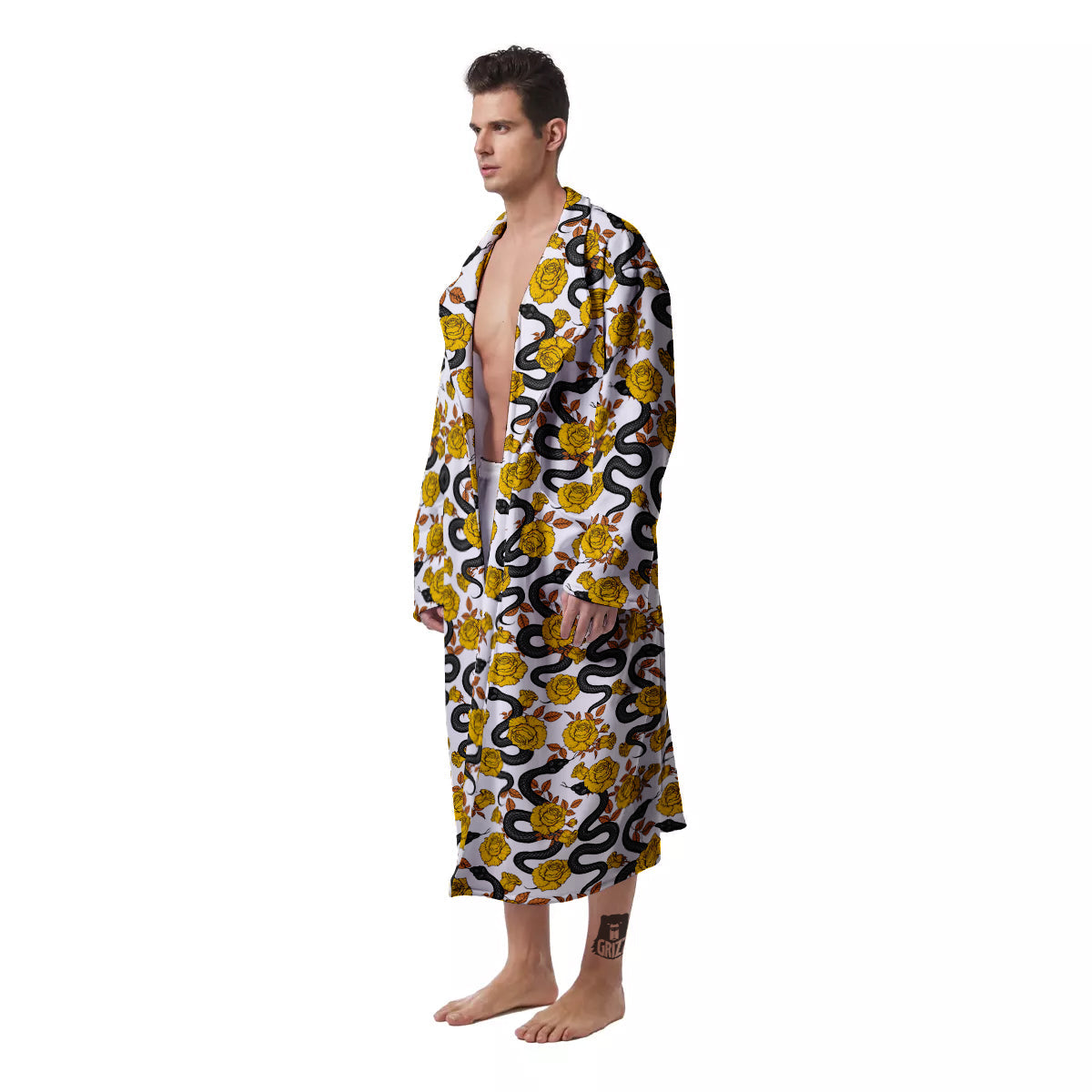 Black Snake And Gold Rose Print Pattern Men's Robe-grizzshop