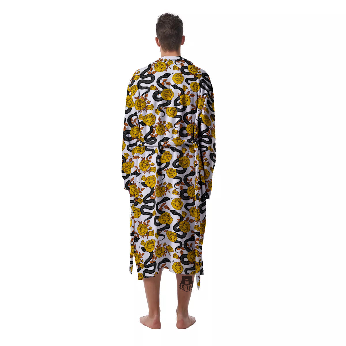 Black Snake And Gold Rose Print Pattern Men's Robe-grizzshop