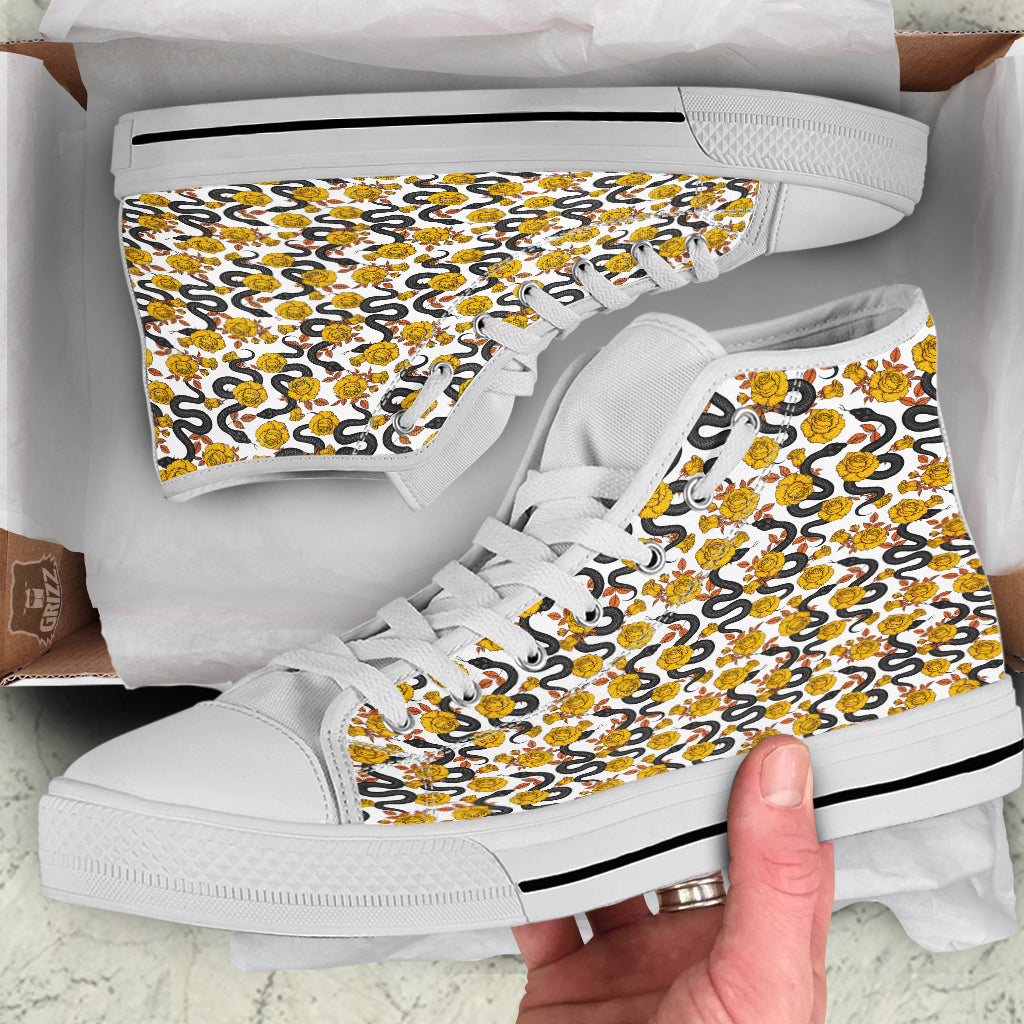 Black Snake And Gold Rose Print Pattern White High Top Shoes-grizzshop