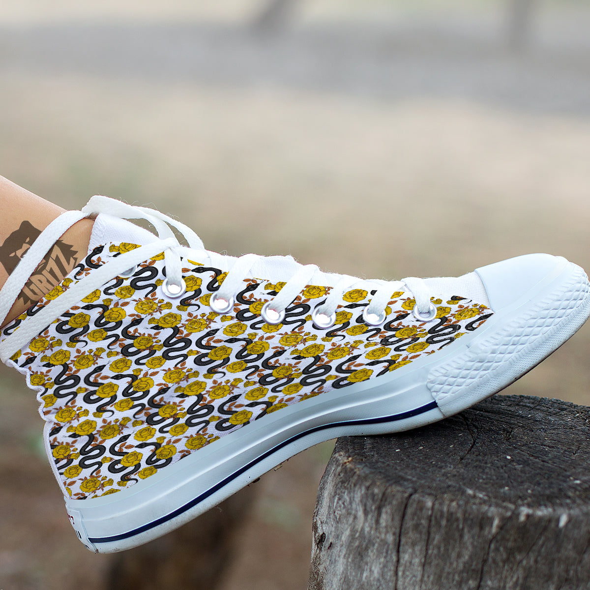 Black Snake And Gold Rose Print Pattern White High Top Shoes-grizzshop