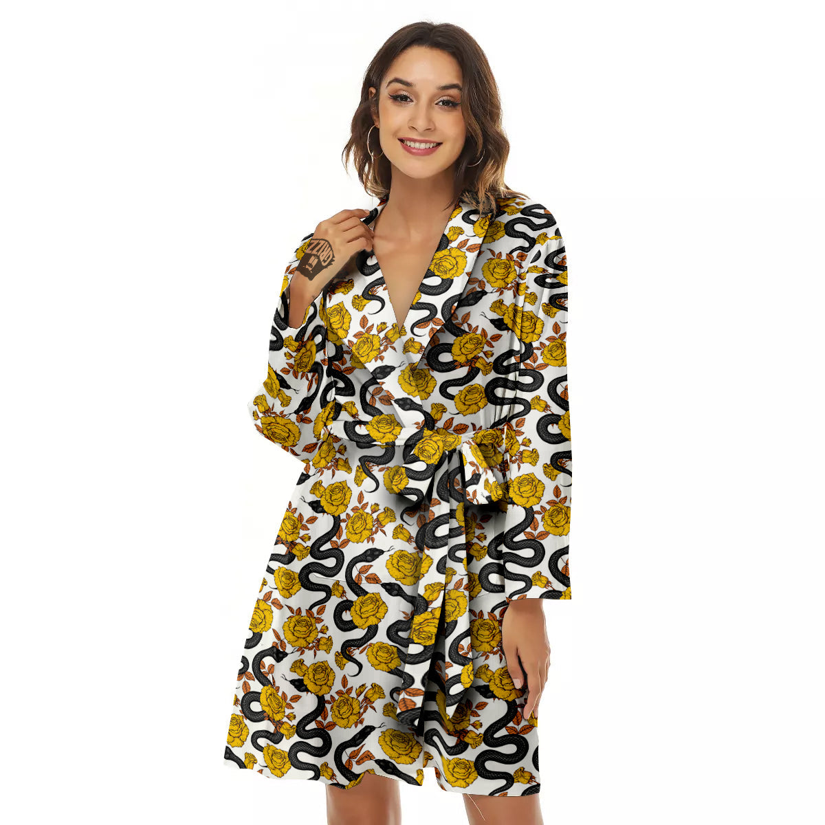 Black Snake And Gold Rose Print Pattern Women's Robe-grizzshop