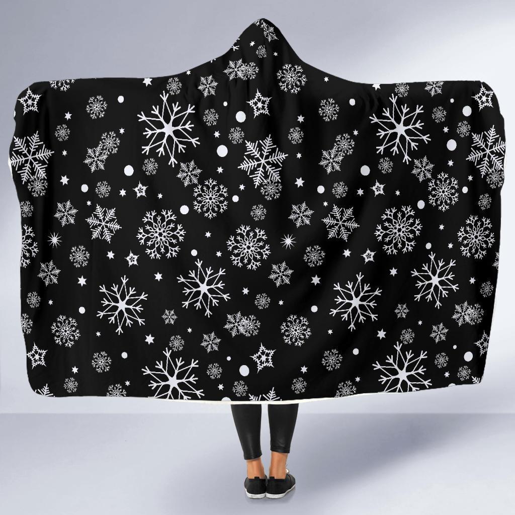 Black Snowflake Pattern Print Hooded Blanket-grizzshop