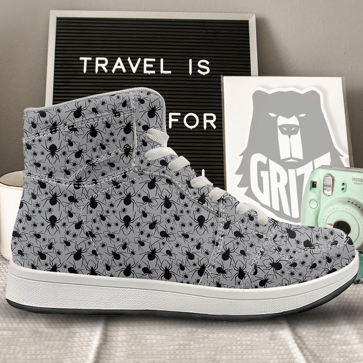 Black Spider And Grey Print Pattern High Top Sneakers-grizzshop