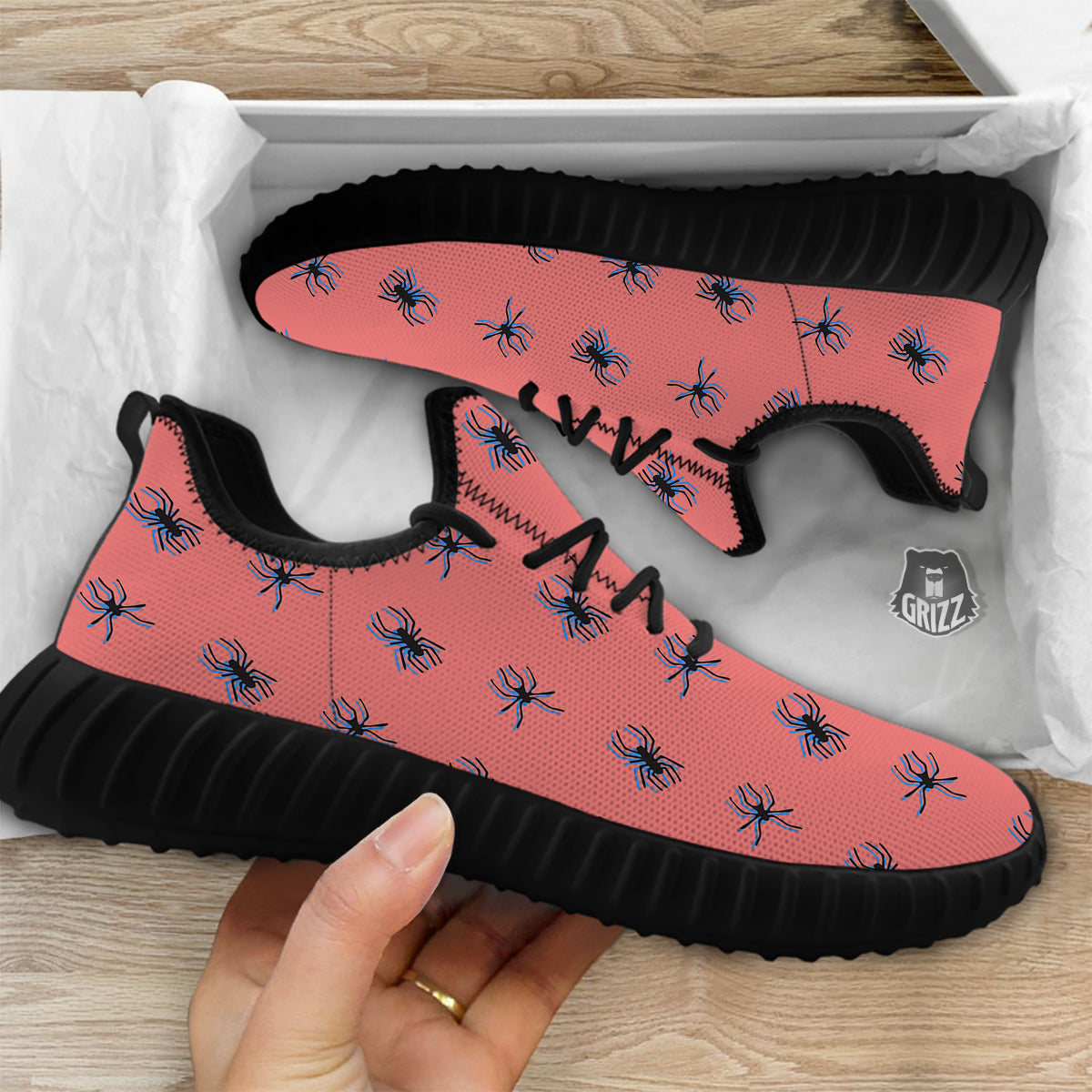Black Spider Pink Print Pattern Black Walking Shoes-grizzshop