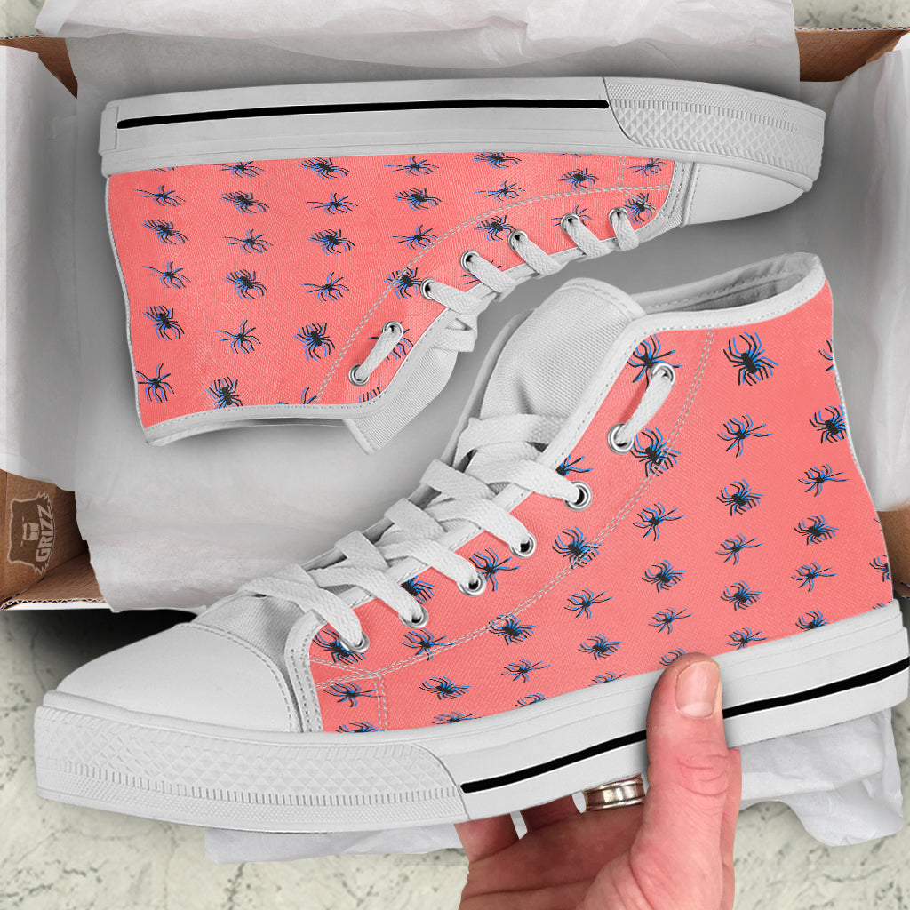 Black Spider Pink Print Pattern White High Top Shoes-grizzshop
