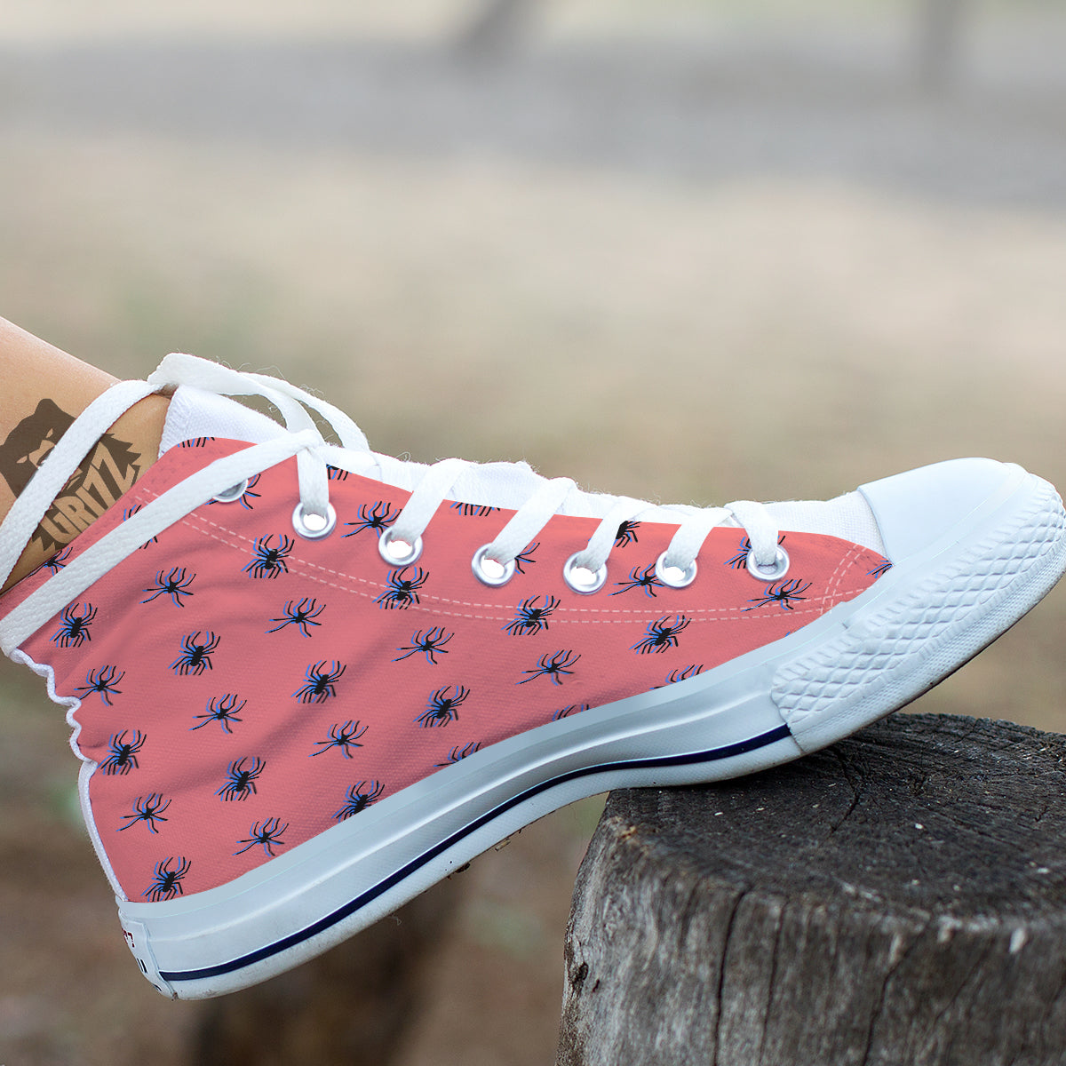 Black Spider Pink Print Pattern White High Top Shoes-grizzshop