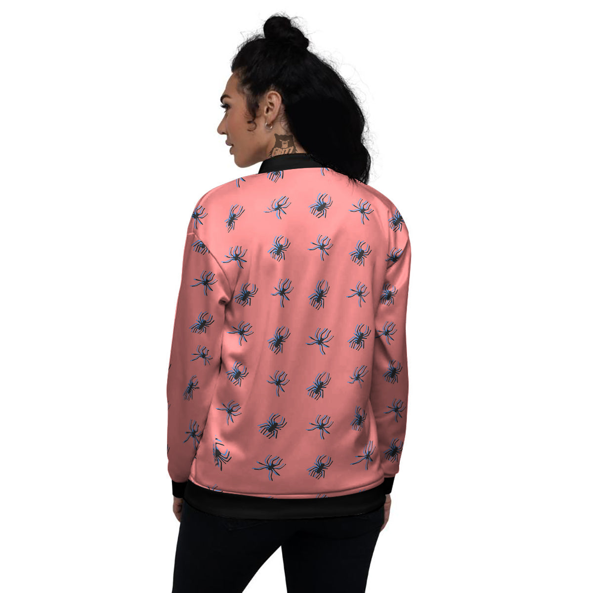 Black Spider Pink Print Pattern Women's Bomber Jacket-grizzshop