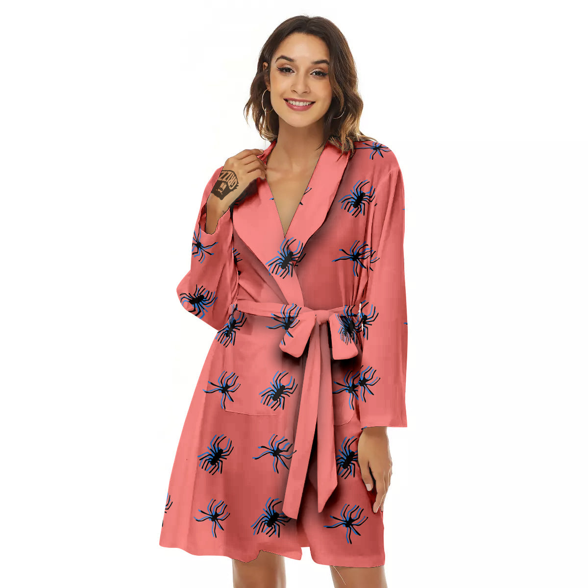 Black Spider Pink Print Pattern Women's Robe-grizzshop