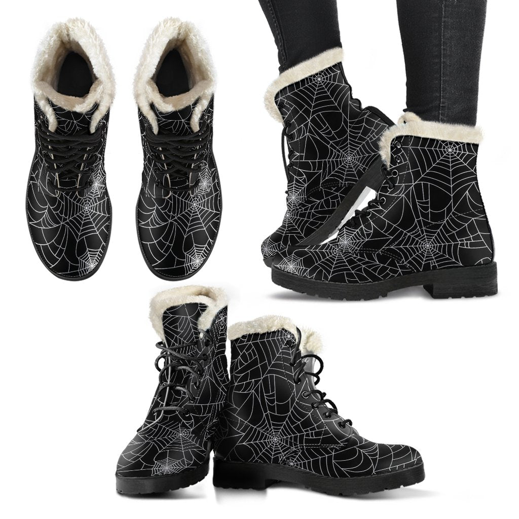 Black Spider Web Pattern Print Comfy Winter Boots-grizzshop