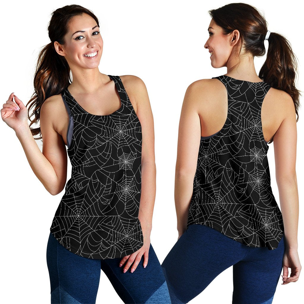 Black Spider Web Pattern Print Women's Racerback Tank Tops-grizzshop
