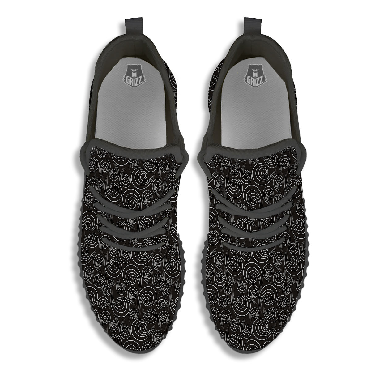 Black Spiral Wave Print Pattern Black Walking Shoes-grizzshop