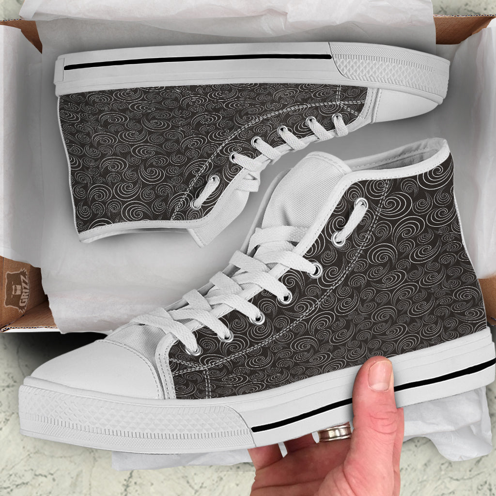 Black Spiral Wave Print Pattern White High Top Shoes-grizzshop
