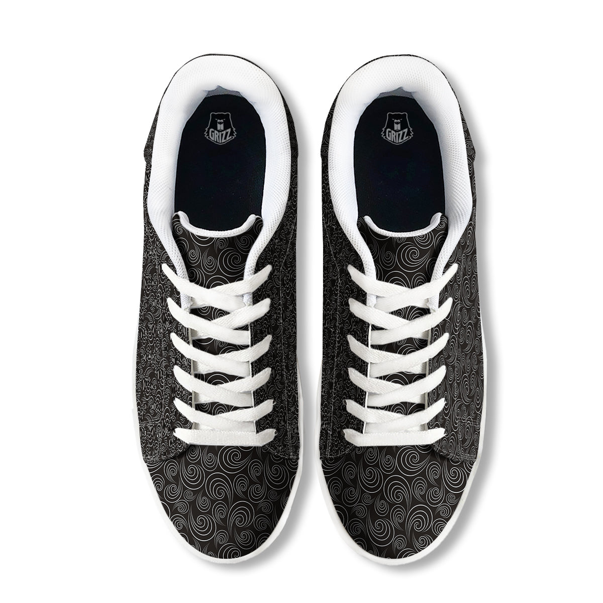 Black Spiral Wave Print Pattern White Low Top Sneakers-grizzshop
